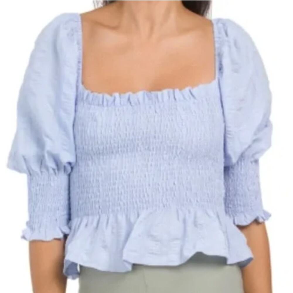 En Saison XS NEW Womens Baby Blue Smocked Blouse Puff Sleeves
